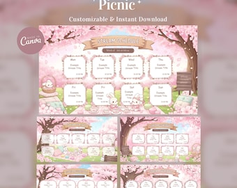Programmazione streaming del picnic del coniglietto Kawaii Sakura, modello Canva settimanale per VTuber con fiori di ciliegio rosa pastello