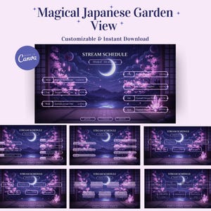 Op de afbeelding: Een digitale streamingschema-sjabloon getiteld Magical Japanese Garden View met een nachtscène met een maansikkel, kersenbloesems en bergen in paarse tinten. De lay-out bevat tekstvelden voor de dagen van de week en de tijden.
