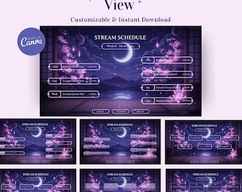 Programmazione streaming con vista sul magico giardino giapponese, calendario settimanale anime lofi con sakura, modello Canva