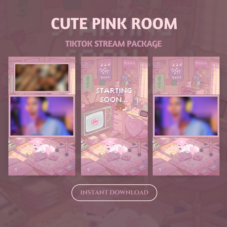 May include: A digital illustration of a pink room streaming package for TikTok. The design includes a cute pink fox, a heart-shaped chair, and the text "CUTE PINK ROOM" and "TIKTOK STREAM PACKAGE". The words "STARTING SOON" are also visible.