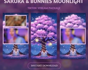 Pacchetto di sovrapposizioni per streaming TikTok "Sakura Bunnies Moonlight": scenari notturni kawaii animati (download digitale)