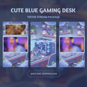 Pakiet transmisji Pastel Blue Gaming Desk: animowane nakładki do transmisji na żywo na TikToku (pobieranie cyfrowe) zdjęcie 1