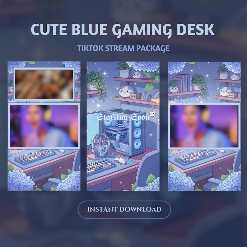 Pakiet transmisji Pastel Blue Gaming Desk: animowane nakładki do transmisji na żywo na TikToku (pobieranie cyfrowe) zdjęcie 1