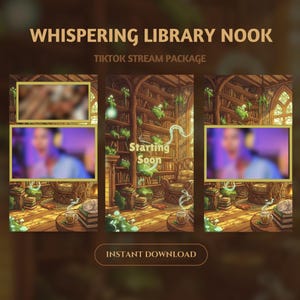 Puede incluir: Arte digital para un paquete de transmisión de TikTok titulado "Whispering Library Nook". El diseño presenta una acogedora escena de biblioteca con estanterías, una chimenea y un gráfico "Starting Soon". Incluye un marco para una cámara web y el texto "Instant Download".