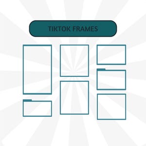 Puede incluir: Dise&ntilde;o gr&aacute;fico con una pancarta verde azulado con el texto "TIKTOK FRAMES" sobre varias formas rectangulares y cuadradas delineadas en verde azulado. El fondo tiene un patr&oacute;n de r&aacute;faga radial blanca.