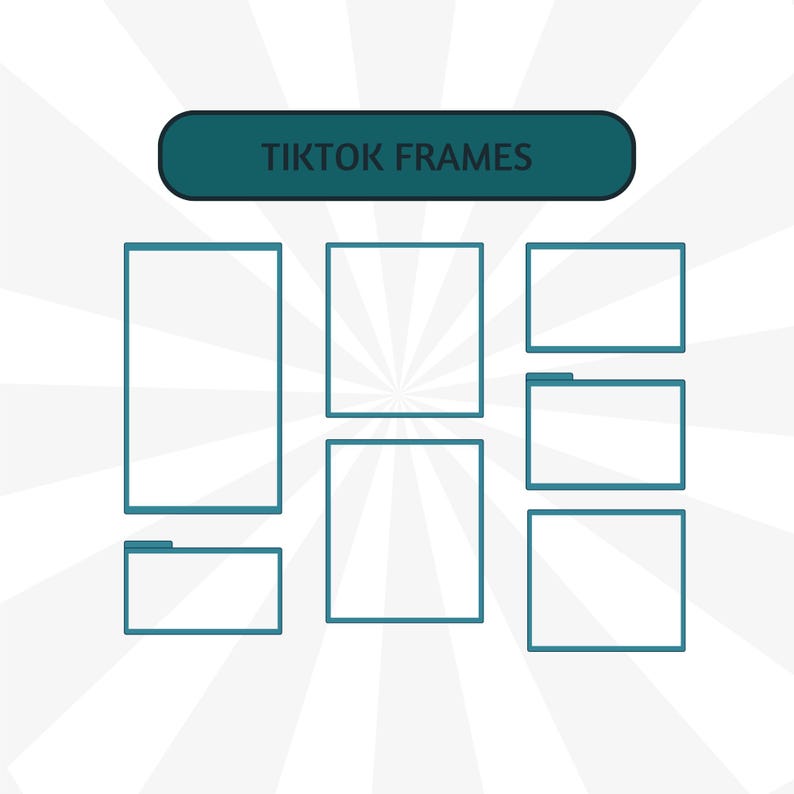 Puede incluir: Dise&ntilde;o gr&aacute;fico con una pancarta verde azulado con el texto "TIKTOK FRAMES" sobre varias formas rectangulares y cuadradas delineadas en verde azulado. El fondo tiene un patr&oacute;n de r&aacute;faga radial blanca.