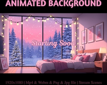 Animated Cozy Winter Bedroom Stream Overlay: Pink Snowy Bedroom Twitch Banners (PDF File)