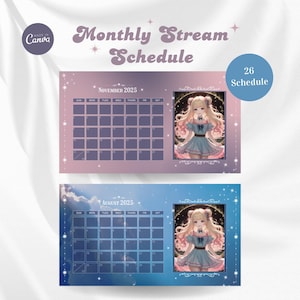 May include: Two printable monthly calendar templates featuring a pastel pink and blue color scheme with a starry night background. Each calendar has a cute anime girl illustration in a frame. The text on the calendars reads "November 2025" and "August 2025".