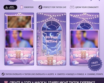 Pacchetto di overlay per TikTok: Overlay verticale animato "Notte stellata accogliente", Overlay live magici viola per vtuber