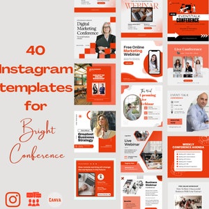 Puede incluir: Una colección de 40 plantillas de Instagram para una conferencia brillante. Las plantillas presentan una variedad de diseños con acentos rojos y blancos. El texto "40 plantillas de Instagram para una conferencia brillante" se muestra en letras grandes y en negrita. Las plantillas están diseñadas para ser utilizadas para promover conferencias, seminarios web y otros eventos.