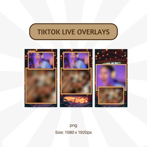 K&ouml;nnte beinhalten: Drei TikTok Live-Stream-Overlays mit einem lila und braunen Farbschema. Jedes Overlay zeigt ein verschwommenes Bild einer Person mit einem hellen Hintergrund und einem Holzrahmen. Der Text "TIKTOK LIVE OVERLAYS" wird in einem braunen Rechteck oben im Bild angezeigt.