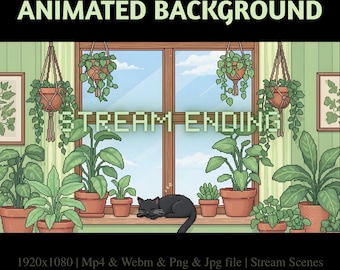 Sfondo animato per streaming Twitch con gatto nero in pixel art: accogliente stanza botanica (download digitale)