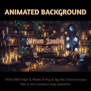 Op de afbeelding: Een geanimeerde achtergrondafbeelding met een gezellige, door kaarsen verlichte bibliotheekscène met boekenplanken, pompoenen en geesten. De tekst "ANIMATED BACKGROUND" en "Stream Loading" zijn zichtbaar. De afbeelding is een 1920x1080 bestand, beschikbaar in Mp4, Webm, Png en Jpg formaten.