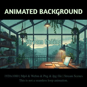 Superposición animada de estudio de invernadero lluvioso: Banners de Twitch de escritorio de juegos verde lofi