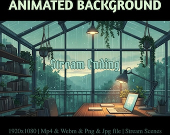 Animated Rainy Greenhouse Study Stream Overlay: Lofi Green Gaming Desk Twitch Banners