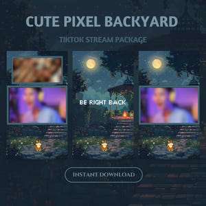 May include: A pixel art illustration of a backyard scene with a moon, stars, a gazebo, and a cat. The text "BE RIGHT BACK" is displayed in the centre of the image. The image is designed for use as a TikTok stream package.