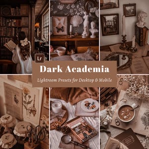 Peut inclure: Un collage d'images sur le thème de l'académie sombre. Les images comprennent des livres, des bougies, des fleurs et d'autres objets associés à l'apprentissage et au savoir. Le texte "Dark Academia" est affiché au centre du collage.