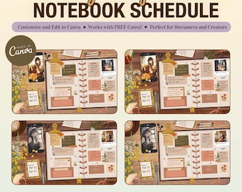 Plantilla editable de calendario de transmisiones estilo álbum de recortes con estilo cottagecore para Twitch, Kick y YouTube