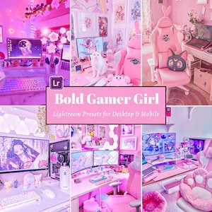 May include: A pink and white gaming setup with a pink gaming chair, a white desk, and a computer monitor with a pink and white anime character on the screen. The text "Bold Gamer Girl" and "Lightroom Presets for Desktop & Mobile" is displayed on the image.