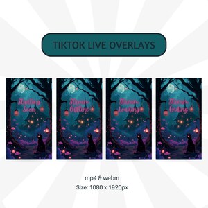 Puede incluir: Conjunto de cuatro superposiciones digitales en vivo para TikTok con un tema de bosque espeluznante. Cada superposici&oacute;n presenta un gato negro, un castillo y texto como "Starting Soon". Las superposiciones miden 1080 x 1920 p&iacute;xeles.