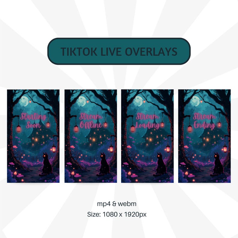 Puede incluir: Conjunto de cuatro superposiciones digitales en vivo para TikTok con un tema de bosque espeluznante. Cada superposici&oacute;n presenta un gato negro, un castillo y texto como "Starting Soon". Las superposiciones miden 1080 x 1920 p&iacute;xeles.