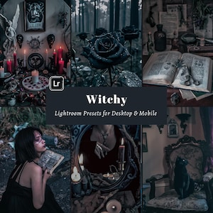 Può includere: Un set di preset Lightroom chiamato "Witchy" per desktop e dispositivi mobili. L'immagine mostra un collage di immagini scure e suggestive con un tema da strega, tra cui una rosa nera, candele, uno specchio, un libro e un gatto nero.
