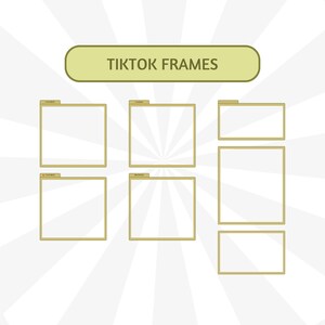 Puede incluir: Gr&aacute;fico con el texto "TIKTOK FRAMES" en un rect&aacute;ngulo redondeado. Debajo, varios marcos vac&iacute;os con bordes y pesta&ntilde;as doradas, sobre un fondo blanco con l&iacute;neas radiales.