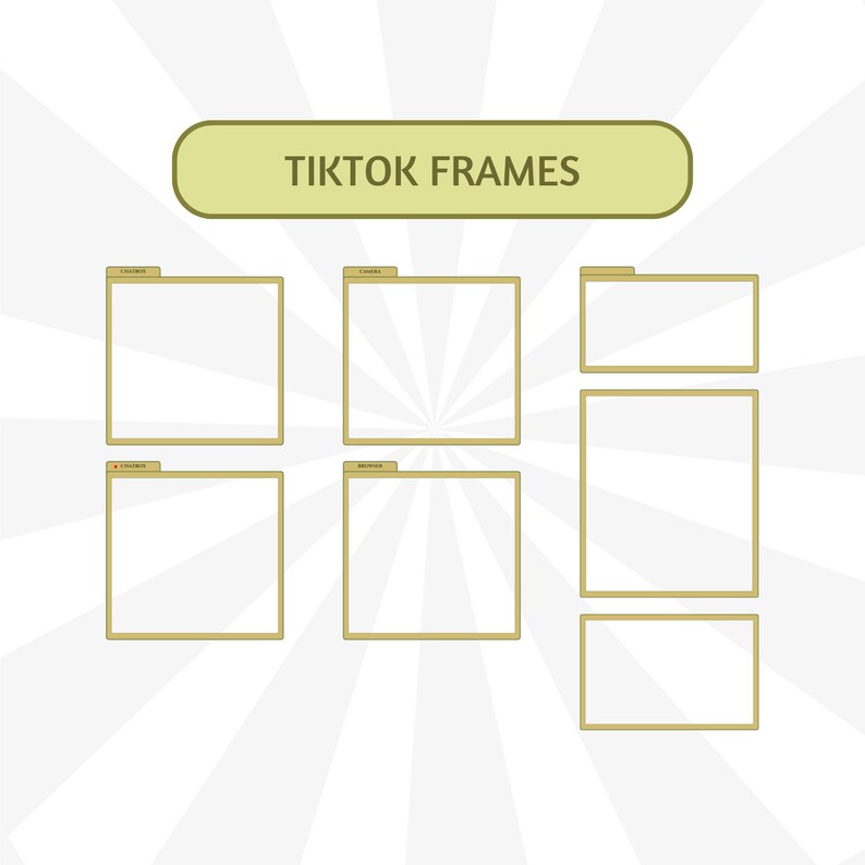 Puede incluir: Gr&aacute;fico con el texto "TIKTOK FRAMES" en un rect&aacute;ngulo redondeado. Debajo, varios marcos vac&iacute;os con bordes y pesta&ntilde;as doradas, sobre un fondo blanco con l&iacute;neas radiales.