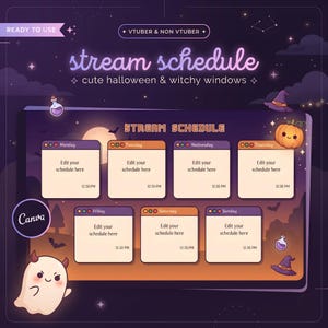 May include: A digital stream schedule template featuring a Halloween theme with a purple and orange background. It includes seven rectangular windows for each day of the week, decorated with a ghost, a pumpkin, witch hats, and potion bottles.