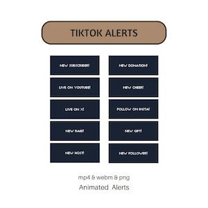 Puede incluir: Gr&aacute;fico con el texto "TIKTOK ALERTS" en la parte superior. Debajo, rect&aacute;ngulos azul oscuro con texto blanco, que anuncian alertas para suscriptores, donaciones y seguidores. El gr&aacute;fico tambi&eacute;n menciona YouTube, X e Instagram.