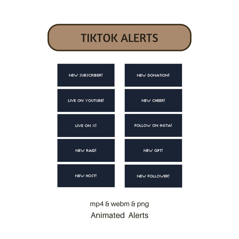 Puede incluir: Gr&aacute;fico con el texto "TIKTOK ALERTS" en la parte superior. Debajo, rect&aacute;ngulos azul oscuro con texto blanco, que anuncian alertas para suscriptores, donaciones y seguidores. El gr&aacute;fico tambi&eacute;n menciona YouTube, X e Instagram.