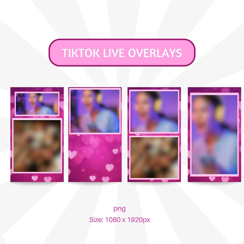 May include: Four pink and purple TikTok live stream overlays with hearts and a blurred image of a person in the top section and a blurred image of a person in the bottom section.  The text "TikTok Live Overlays" is at the top of the image.