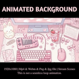 かわいいピンクのゲーマーデスクアニメーションストリームオーバーレイ：Twitch、YouTube、Kick（PDFファイル）