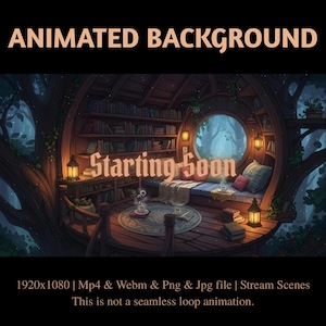 Superposición animada para transmisión "Rincón de lectura acogedor en la casa del árbol": Twitch, YouTube, Kick (descarga digital)