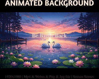 Sovrapposizione animata dello streaming del tramonto sul Lago dei Cigni: banner Twitch con romantica vista dello stagno di loto