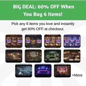 Może przedstawiać: Reklama z zielonym banerem z napisem "BIG DEAL: 60% OFF When You Buy 6 Items!". Obraz przedstawia dziewięć animowanych teł, w tym zaśnieżoną scenę bożonarodzeniową i przytulny stragan z jedzeniem. Tekst zachęca klient&oacute;w do wyboru sześciu przedmiot&oacute;w ze zniżką.