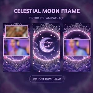 May include: A digital design for a TikTok stream package. The design features a celestial moon frame with a crescent moon, clouds, and pink roses. The text "Celestial Moon Frame" and "TikTok Stream Package" are displayed at the top. The words "Starting Soon" are written on the moon.