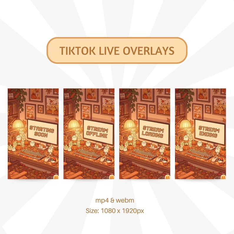Kawaii Halloween Animated TikTok Live Overlays: Orange Ghost Gaming Desk Stream (Digital Download) image 2