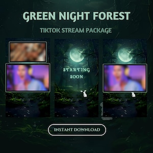 Green Night Forest Stream Overlay Package: Animated Kawaii TikTok (Digital Download)