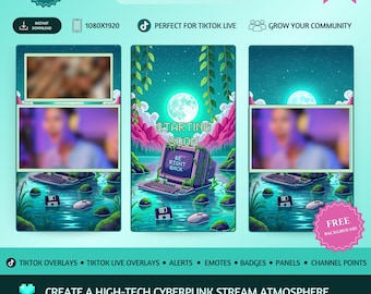 Pacchetto di overlay per TikTok: overlay verticale animato in stile pixel retrò al chiaro di luna, overlay live per PC in stile cyberpunk per vtuber.