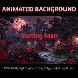 Moonlit Rose Garden Animated Background,Gothic Night Moon Twitch Kick Youtube Overlay for Streamers,Dark Red Rose Twitch Stream Scene