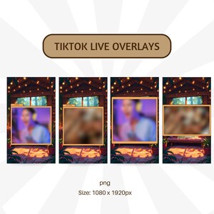 K&ouml;nnte beinhalten: Drei TikTok Live-Stream-Overlays mit einem verschwommenen Bild einer Person vor einem Fenster mit Blick auf einen Wald. Die Overlays sind in einer H&uuml;tte mit Lichterketten und einem Holzboden platziert. Der Text "TIKTOK LIVE OVERLAYS" wird oben im Bild angezeigt.