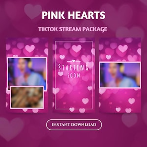 May include: Three pink and white TikTok stream screens with a pink heart background. The center screen says "Starting Soon" with a small heart above the text. The left and right screens have a blurred image of a person in a frame.
