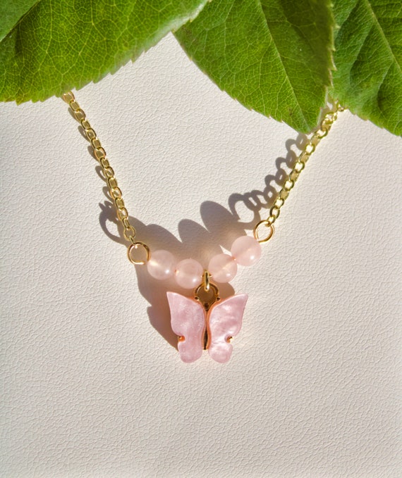 Rose Quartz Butterfly Necklace. Pink and Gold Butterfly Dainty Rose Quartz Charm Necklace. Womens Butterfly Necklace Gift For Her
