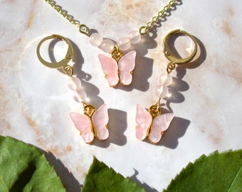 Rose Quartz Butterfly Jewelry Set. Gold and Pink Butterfly Charm Earrings and Necklace Set. Gift For Her Mothers Day, Valentines, Birthday