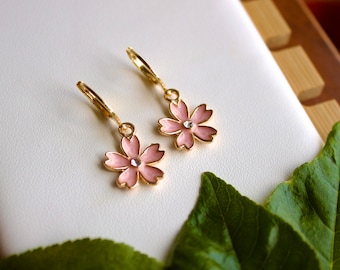 Cherry Blossom Huggie Hoops in Multiple Colors. Sakura Flower Charm Earrings. Symbolic Spring Earrings. Gift For Her Birthdays, Mother's Day