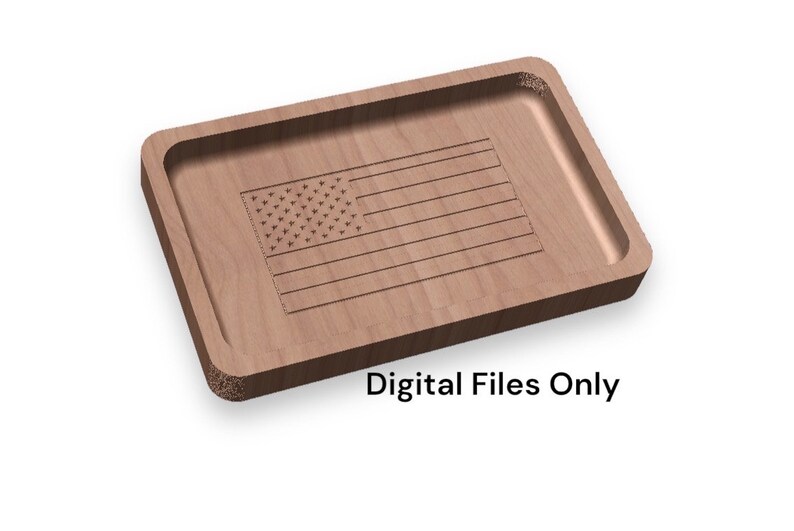 May include: A wooden tray with an engraved American flag design. The tray is light brown and has a slightly raised edge. The text "Digital Files Only" is printed below the tray.
