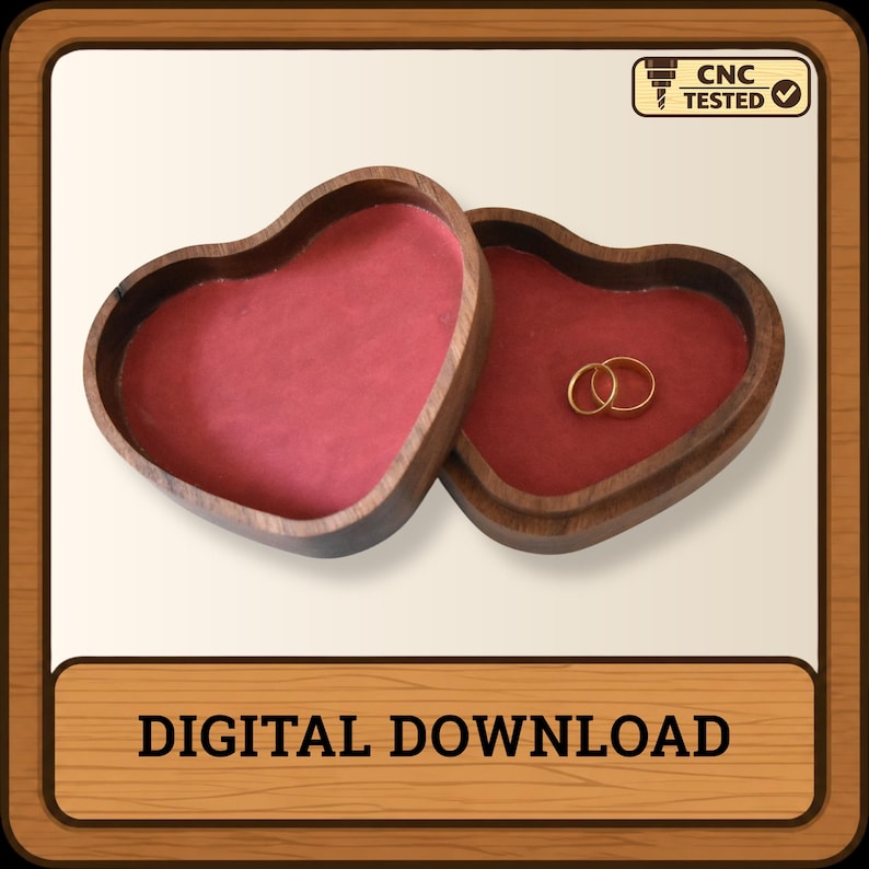 Puede incluir: Una caja de madera en forma de coraz&oacute;n con acabado marr&oacute;n oscuro y forro interior de terciopelo rojo. Dos anillos dorados descansan dentro de la caja. La imagen incluye un icono CNC TESTED y el texto DIGITAL DOWNLOAD en la parte inferior.