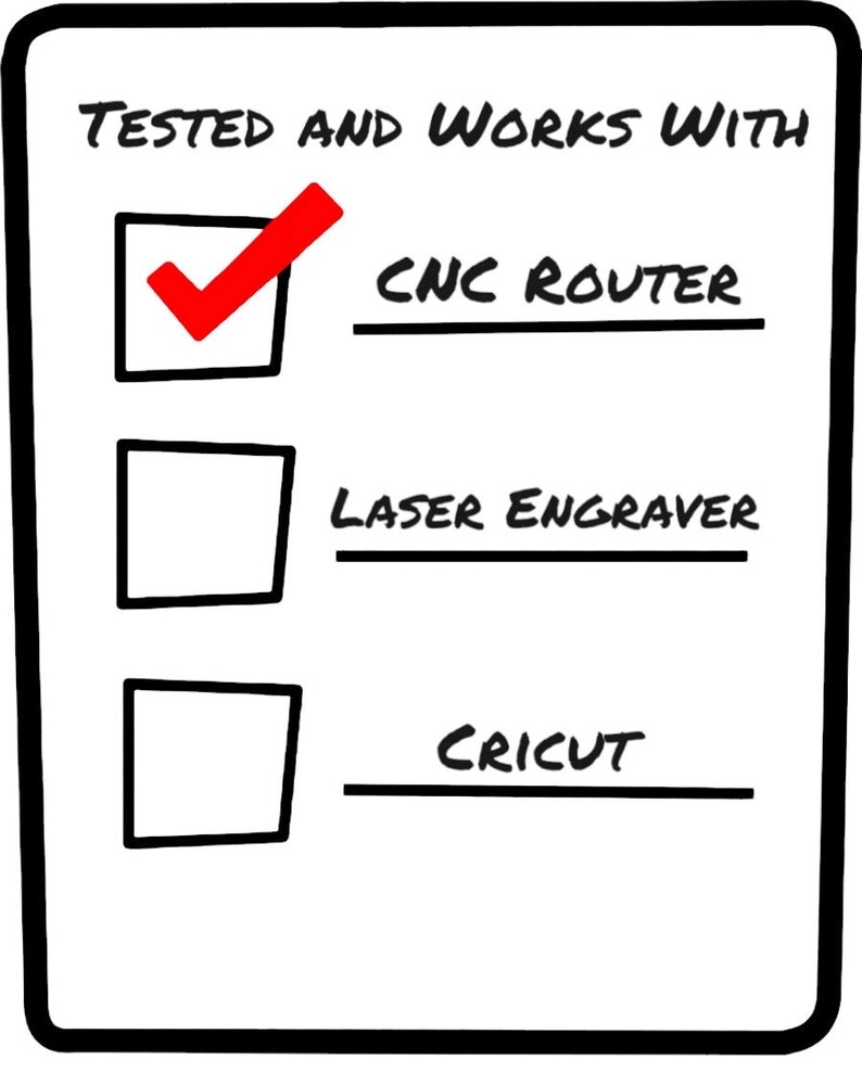 May include: A checklist with a red checkmark next to "CNC Router" and blank boxes next to "Laser Engraver" and "Cricut". The checklist is titled "Tested and Works With".