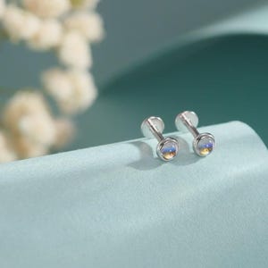 Tiny Moonstone Stud Earings in Sterling Silver internally Threaded Flat Back/Screw Back Barbell Lab Created Moonstone,Perfect for Piercing